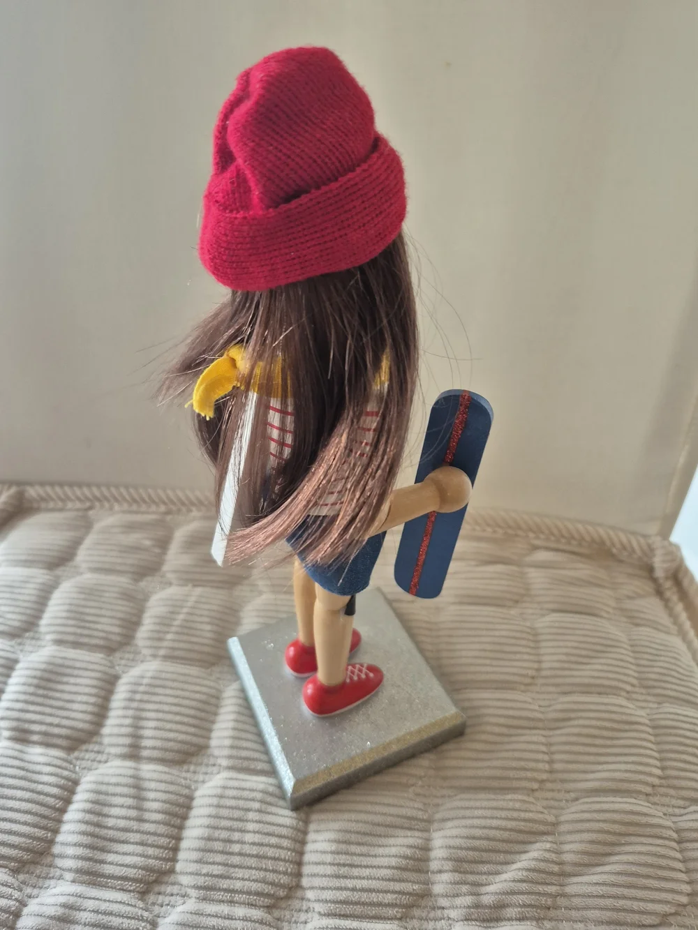 Handpainted Wooden Skateboarder Nutcracker - Red Hat, Yellow Scarf